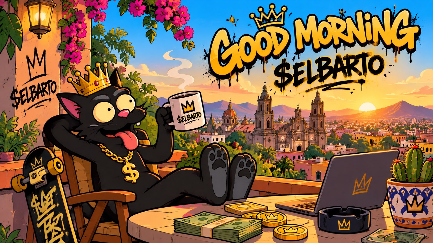 Crowned black cat lounging with coffee at sunrise