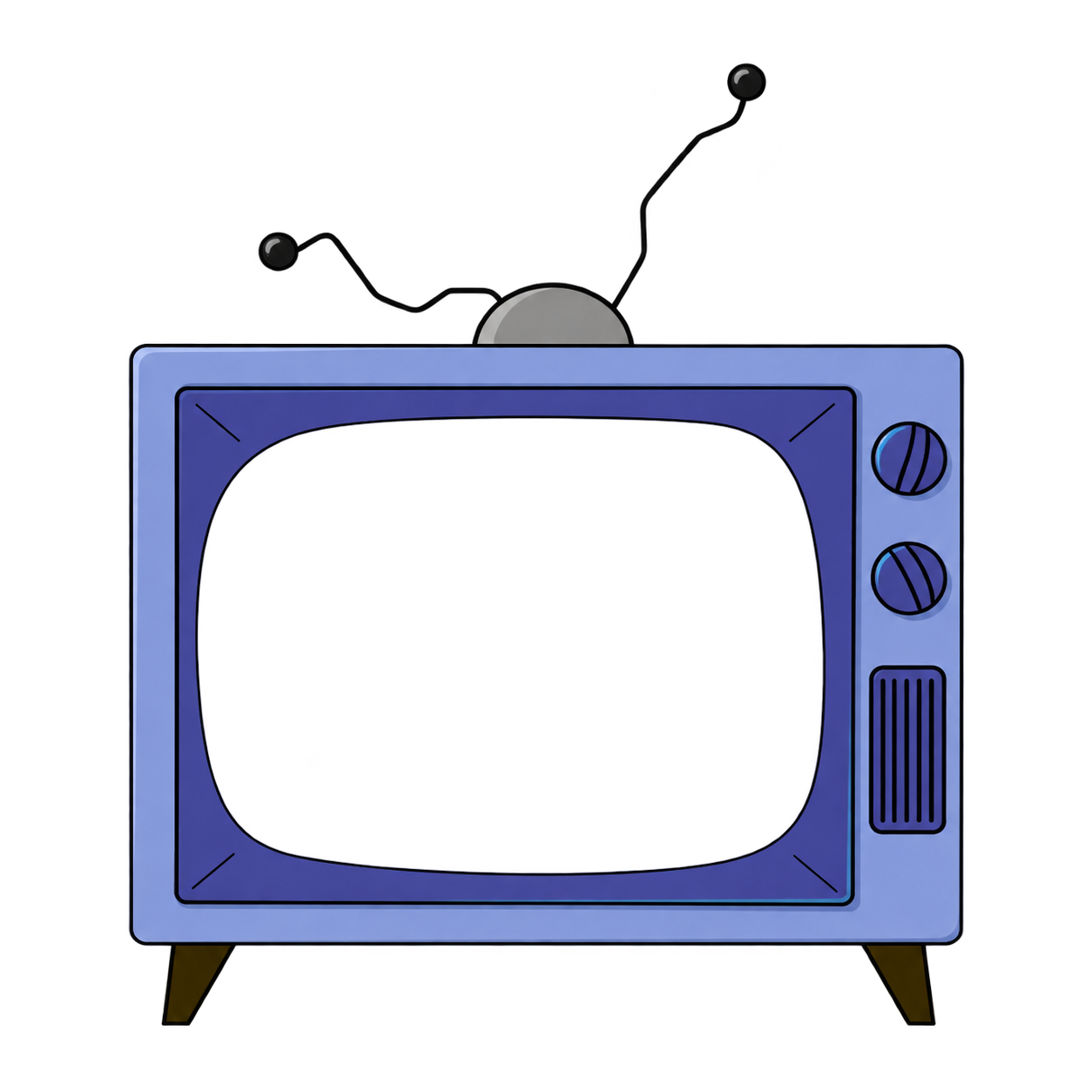 Purple cartoon television with antennas and tuning knobs