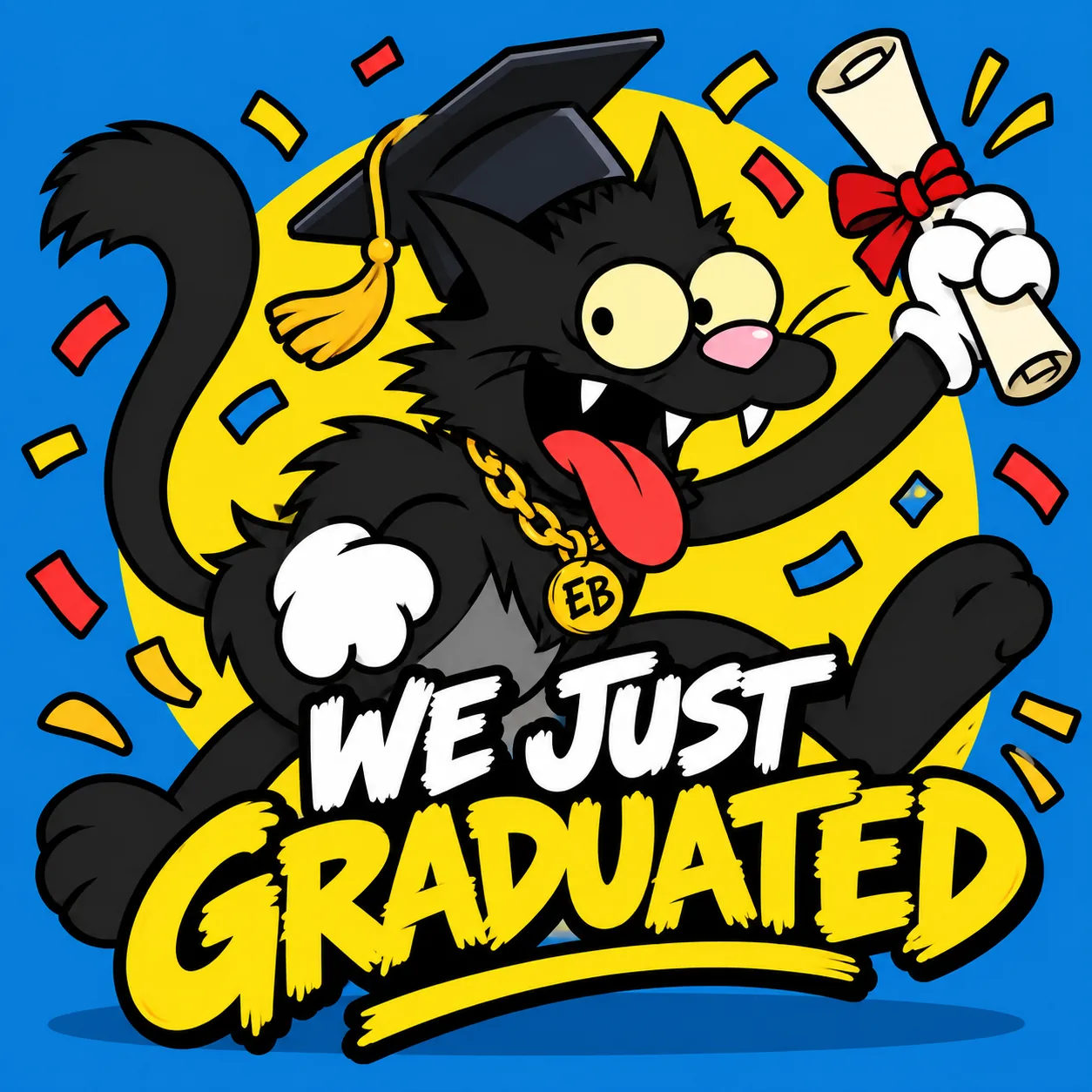 Black ELBARTO cat celebrating graduation