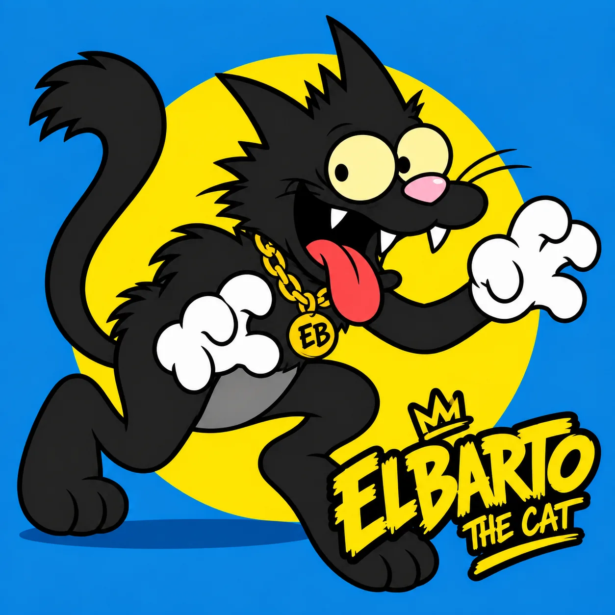 Black ELBARTO cat mascot on a blue and yellow background