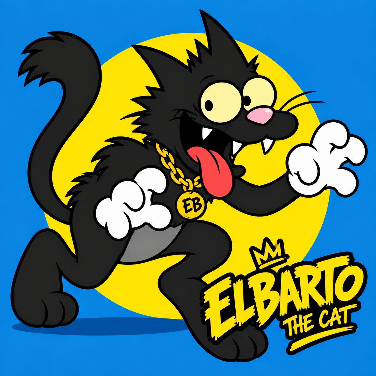 Black ELBARTO cat mascot with gold chain on a blue and yellow background