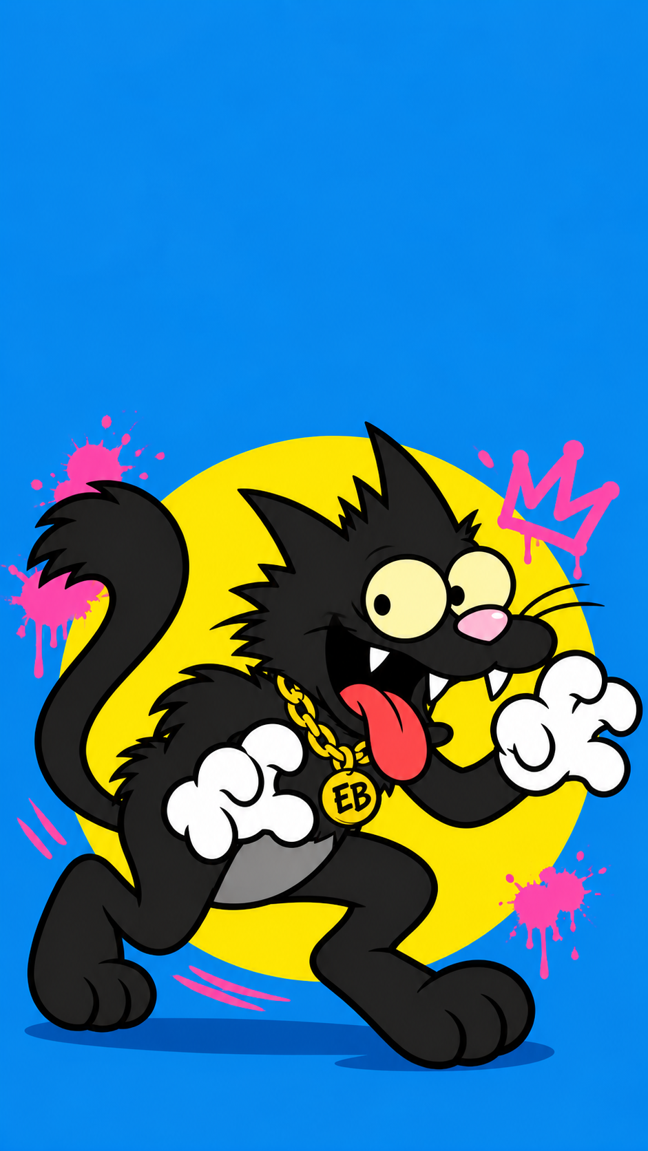 Black ELBARTO cat with a gold chain and yellow circle on a tall blue wallpaper